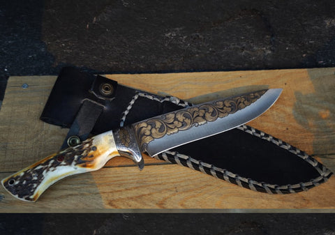Yavuz bıçak 32 cm N690 çelik 24 ayar altın kaplama gravürlü av bıçağı