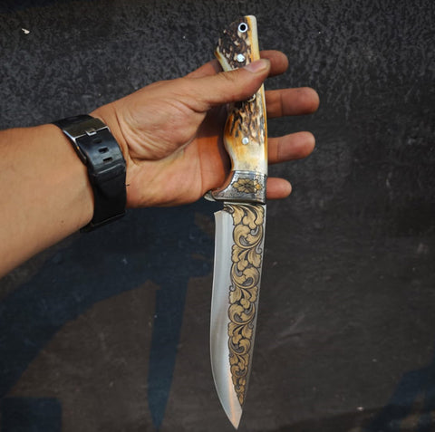 Yavuz bıçak 32 cm N690 çelik 24 ayar altın kaplama gravürlü av bıçağı