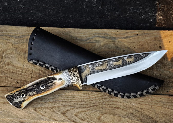Yavuz bıçak 27 cm N690 çelik 24 ayar altın kaplama gravürlü av bıçağı