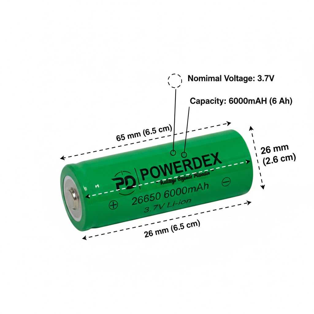 mahmutogluav av malzemeleri Powerdex 26650 6000 mAh Li-ion Şarjlı fener Pili ürün görseli