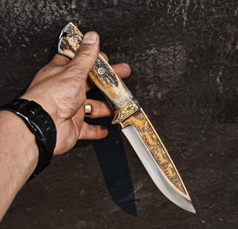 Yavuz bıçak 27 cm N690 çelik 24 ayar altın kaplama gravürlü av bıçağı